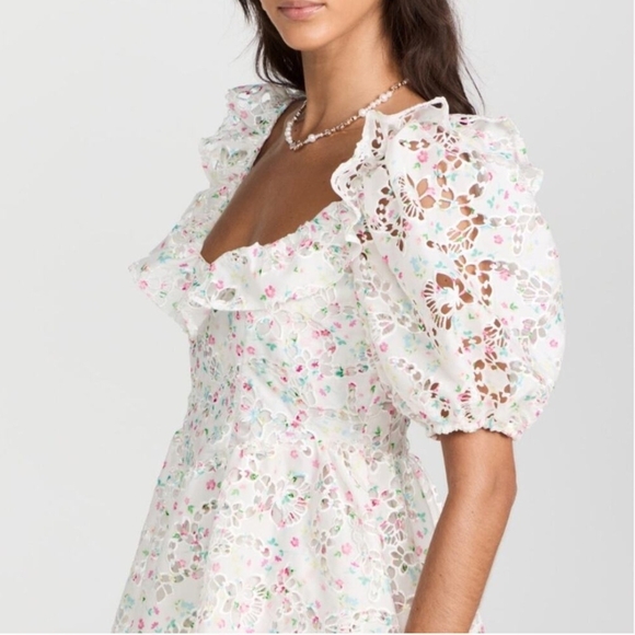 For Love & Lemons Magnolia Floral Lasercut Puff Sleeve Mini Dress Large Feminine - Picture 4 of 16